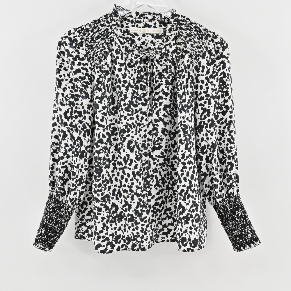 Marie‎ Oliver Womens Silk Top Size XS Animal Print Black White Smocked Femnine